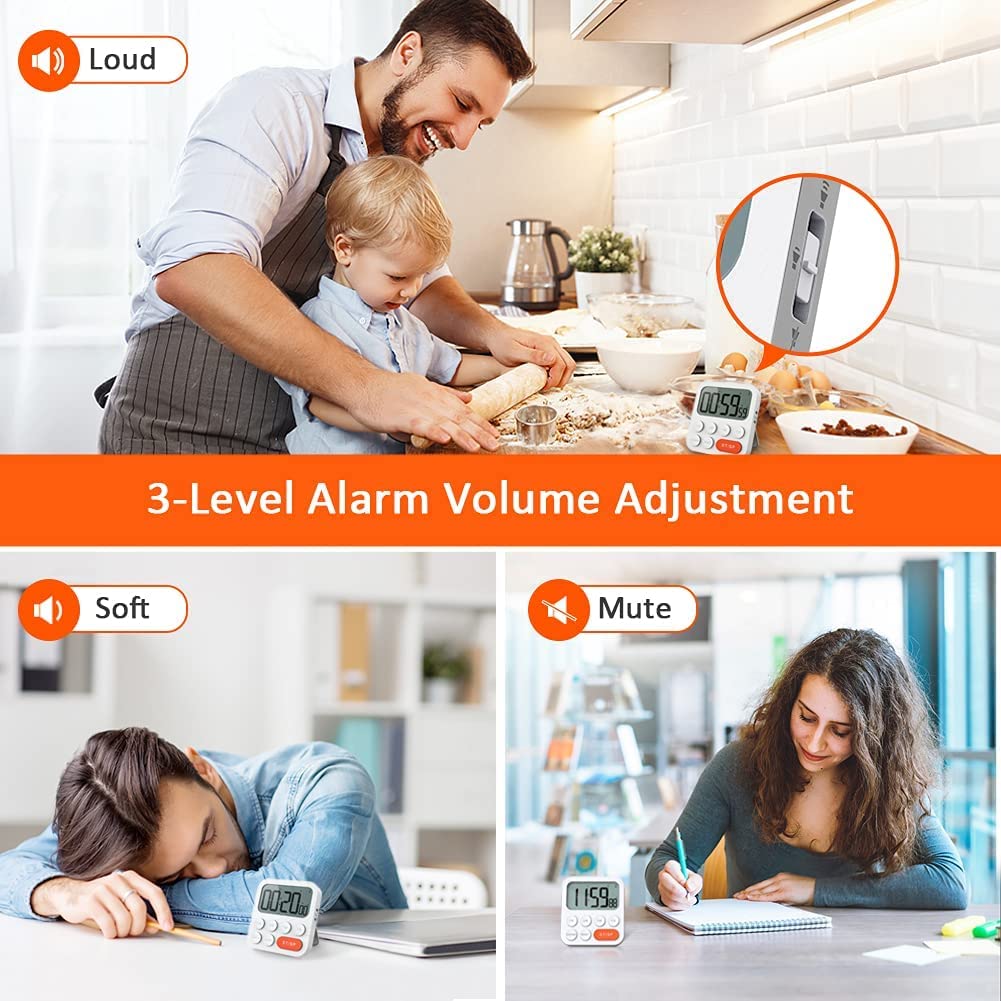 LIORQUE Kitchen Timer for Cooking, Magnetic Timer Clock with Large LCD Display, 3 Levels Volume, Shortcut Setting, Digital Timer for Kids Classroom Teacher (Battery Included)