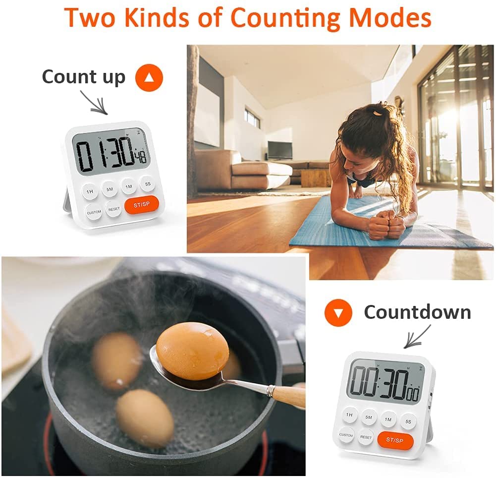 LIORQUE Kitchen Timer for Cooking, Magnetic Timer Clock with Large LCD Display, 3 Levels Volume, Shortcut Setting, Digital Timer for Kids Classroom Teacher (Battery Included)