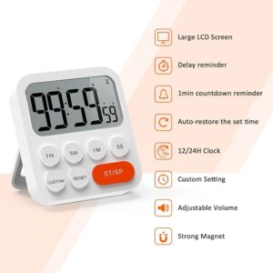 LIORQUE Kitchen Timer for Cooking, Magnetic Timer Clock with Large LCD Display, 3 Levels Volume, Shortcut Setting, Digital Timer for Kids Classroom Teacher (Battery Included)