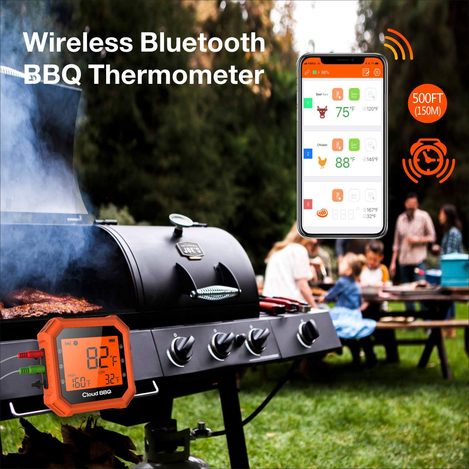 Cloud BBQ 500FT Digital Meat Thermometer Wireless Thermometer with Multy Probes Bluetooth Thermometer Kitchen Thermometer for Smoker Grilling Oven (FS-51)