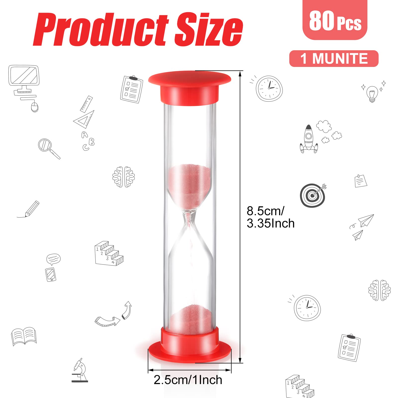 Set of 80 1 Minute Sand Timer Small Hourglass for Classroom One Minute Sandglass Clock Red Acrylic Hourglass Game Timer for Kids Preschool Teacher Supplies, 3.35 x 0.98 x 0.98 Inches