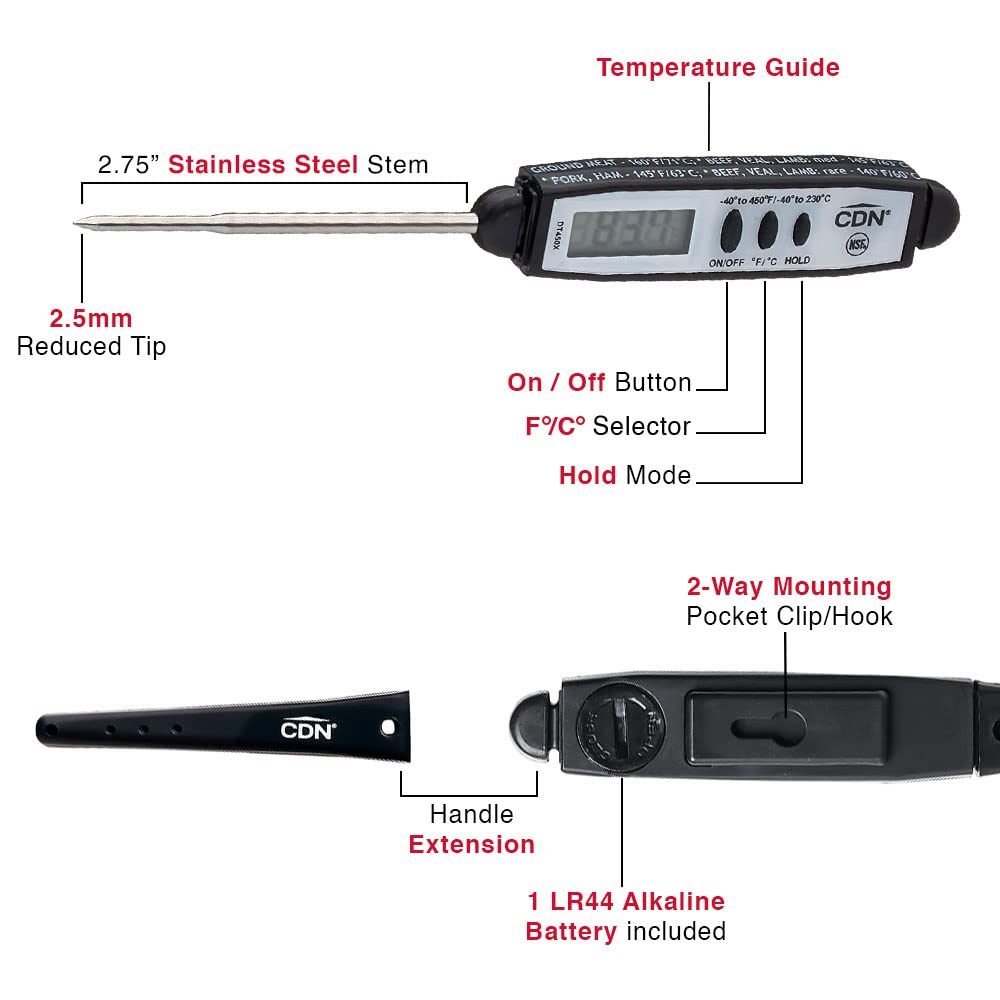 CDN ProAccurate® Instant Read Digital Pocket Thermometer with 2.75" Stainless Steel Tip for Accurate Temperature Measurement, Black (DT450X)