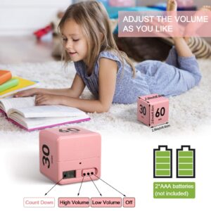 Cube Timers Cube Kitchen Timer Gravity Sensor Flip Timer Cube Countdown Timer 2.6 Inch Kids Timer Square Workout Timer Exercise Timer Game Timer 15-20-30-60 Minutes for Time Management (Pink)