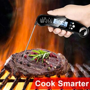 Waterproof Digital Instant Read Meat Thermometer Folding Probe Calibration Function for Cooking Food Candy, BBQ Grill, Calibration Bottle Opener for Kitchen (Black)