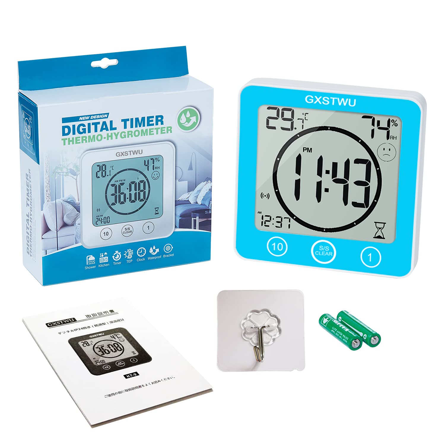 GXSTWU Digital Timer Shower Clock Waterproof【Waterproof for Water Spray】 with Alarm, Bathroom Kitchen Wall Clock, Touch Screen Timer, Thermometer Hygrometer Suction Cup Hanging Hole Stand Magnet Blue