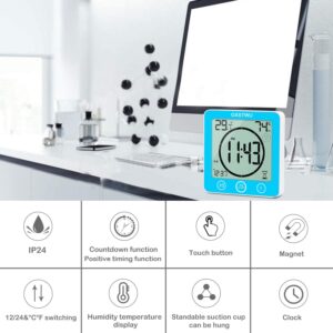GXSTWU Digital Timer Shower Clock Waterproof【Waterproof for Water Spray】 with Alarm, Bathroom Kitchen Wall Clock, Touch Screen Timer, Thermometer Hygrometer Suction Cup Hanging Hole Stand Magnet Blue