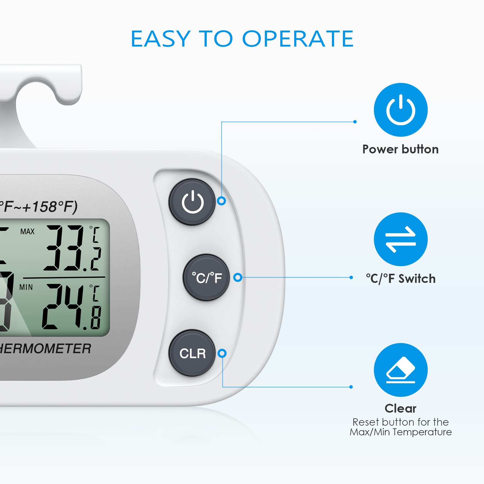 AMIR Fridge Thermometer Digital, Newest Refrigerator Thermometer 2 Pack, Mini Freezer Thermometer with Hook, LCD Display, ℃/℉ Switch + Max/Min Record, for Kitchen, Home, Restaurants