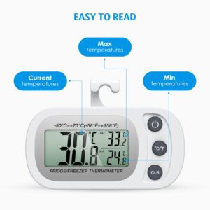 AMIR Fridge Thermometer Digital, Newest Refrigerator Thermometer 2 Pack, Mini Freezer Thermometer with Hook, LCD Display, ℃/℉ Switch + Max/Min Record, for Kitchen, Home, Restaurants