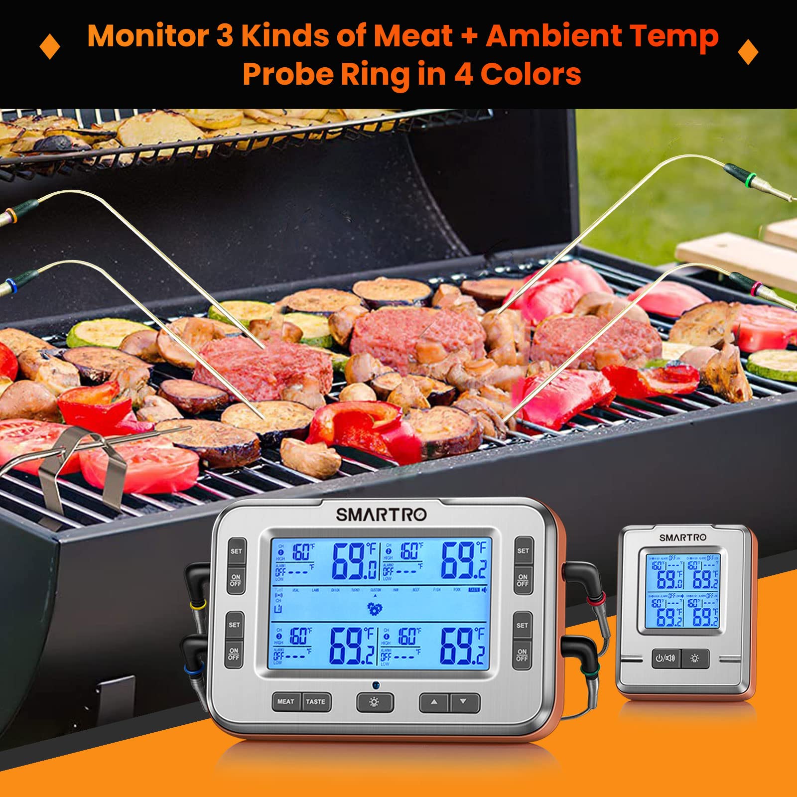 SMARTRO X50 Digital Wireless Meat Thermometer 4 Probes, 500ft Food Temp Monitoring Range for BBQ Grilling Smoker & Kitchen Cooking with Smart Alarm