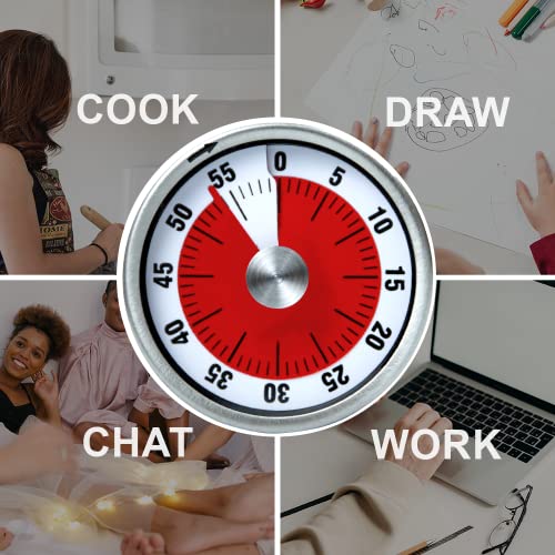 Mechanical 60-Minute Kitchen Timer with Stainless Steel Face and Magnetic Back, Visual Timer for Kids, Toddlers, Teachers, Time Management Tool for Study, Cooking, Baking