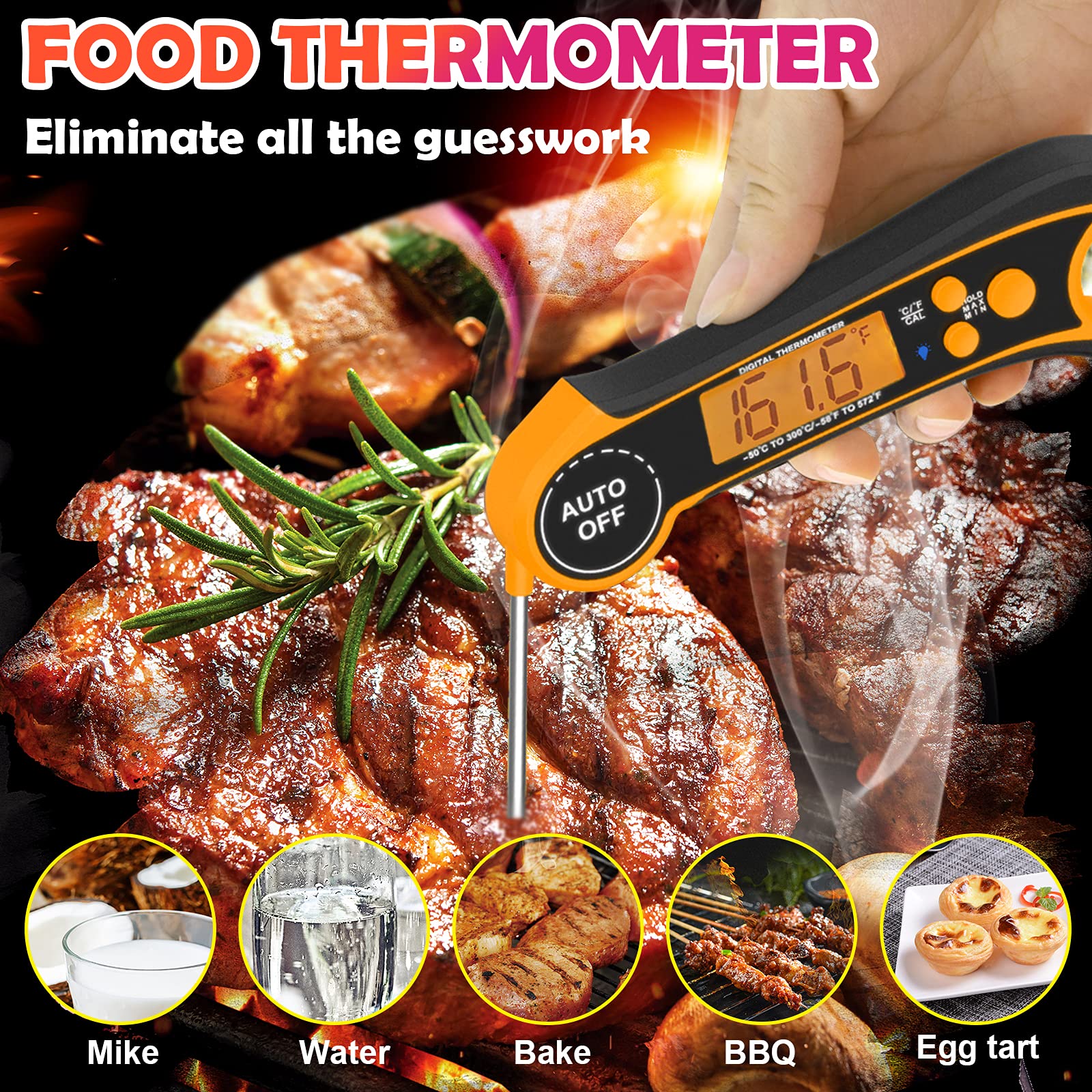 Food Meat Thermometer - Instant Read Thermapen Probe For Kitchen Cooking Oil Deep Grilling Turkey Candy BBQ Accessories Healthy Eating Temperature Pen Thermogrill Pro - With Digital LCD Screen(Orange)