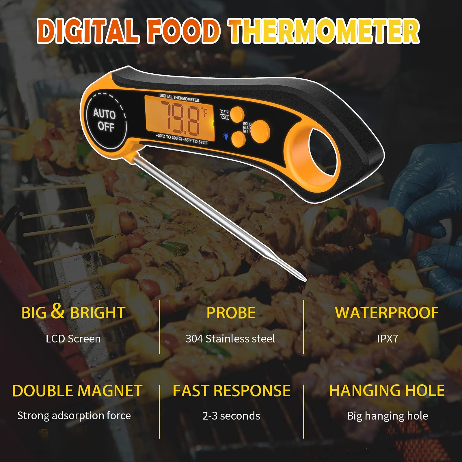 Food Meat Thermometer - Instant Read Thermapen Probe For Kitchen Cooking Oil Deep Grilling Turkey Candy BBQ Accessories Healthy Eating Temperature Pen Thermogrill Pro - With Digital LCD Screen(Orange)