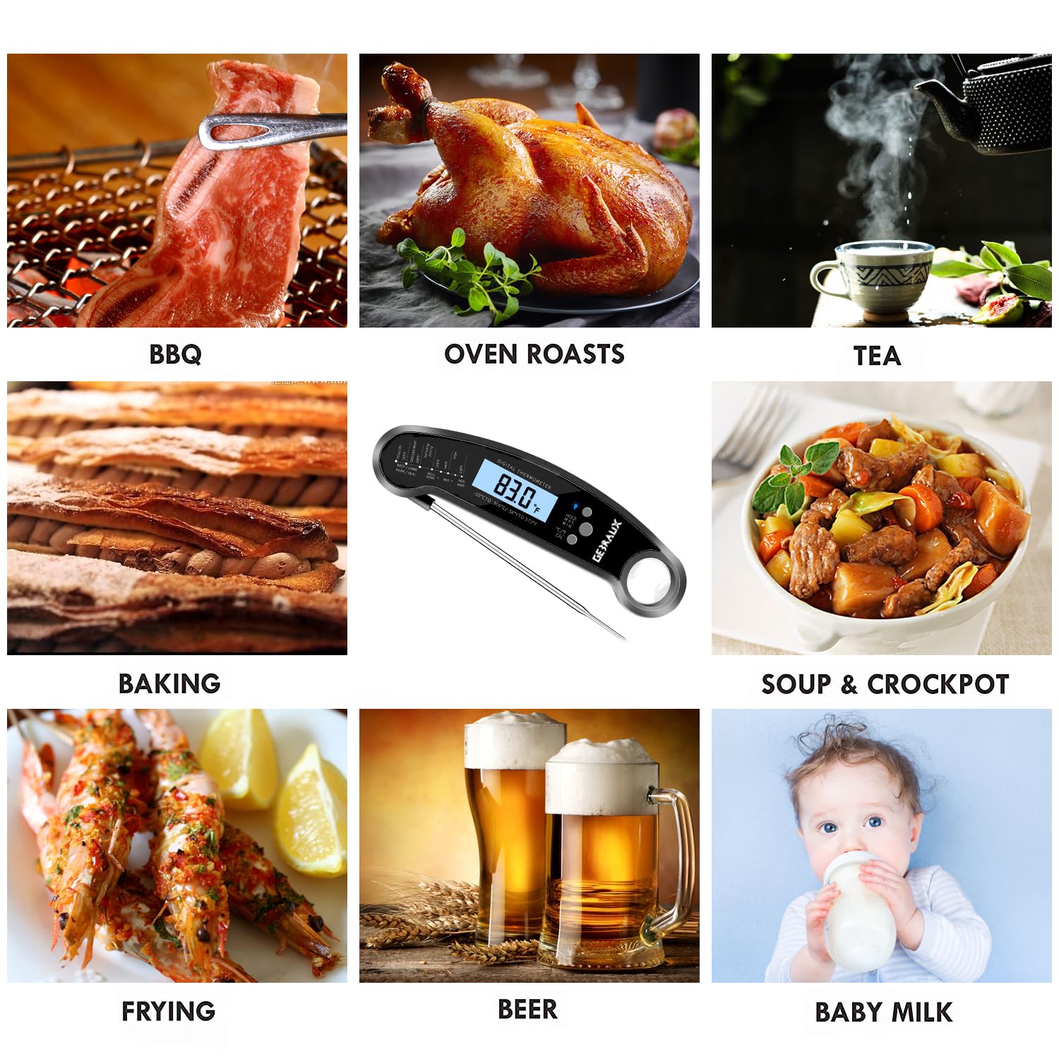 Digital Kitchen Thermometer for Bread, Candy, Yogurt, Liquids, Baking, BBQ Meat - Instant Read, Waterproof Magnetic Body and Wireless Large Probe with a Bottle Opener and Backlit Dial