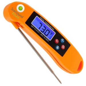 digital thermometer talking instant read- electronic bbq- great for barbecue, baking, grilling, cooking, all food & meat, liquids- collapsible internal long probe (orange) by surround point