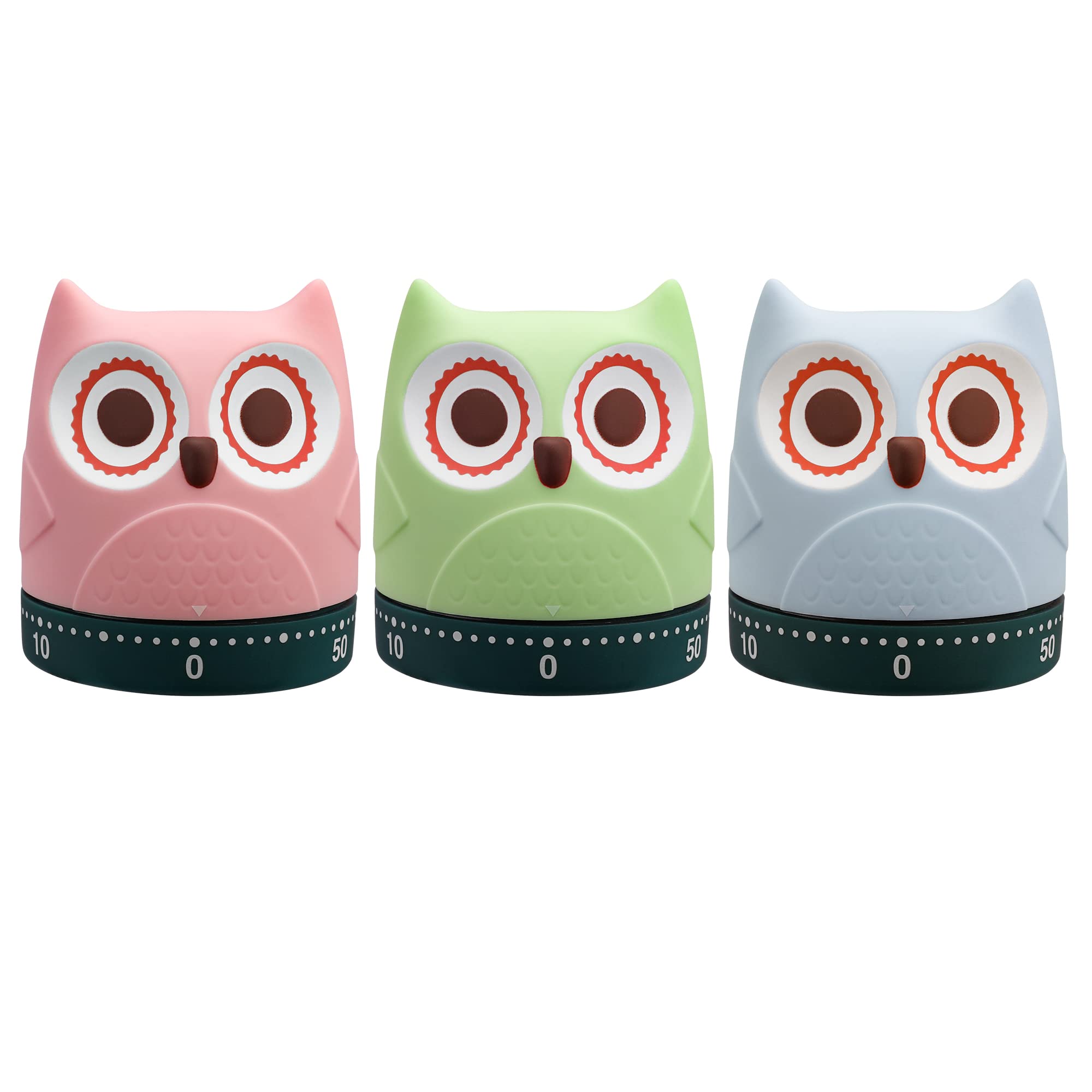 HAUSHOF Mechanical Kitchen Timers, 3 Pieces Owl Shape Manual Timers, 3 Colors, Pink, Green, Blue, for Time Management