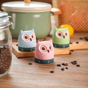 HAUSHOF Mechanical Kitchen Timers, 3 Pieces Owl Shape Manual Timers, 3 Colors, Pink, Green, Blue, for Time Management