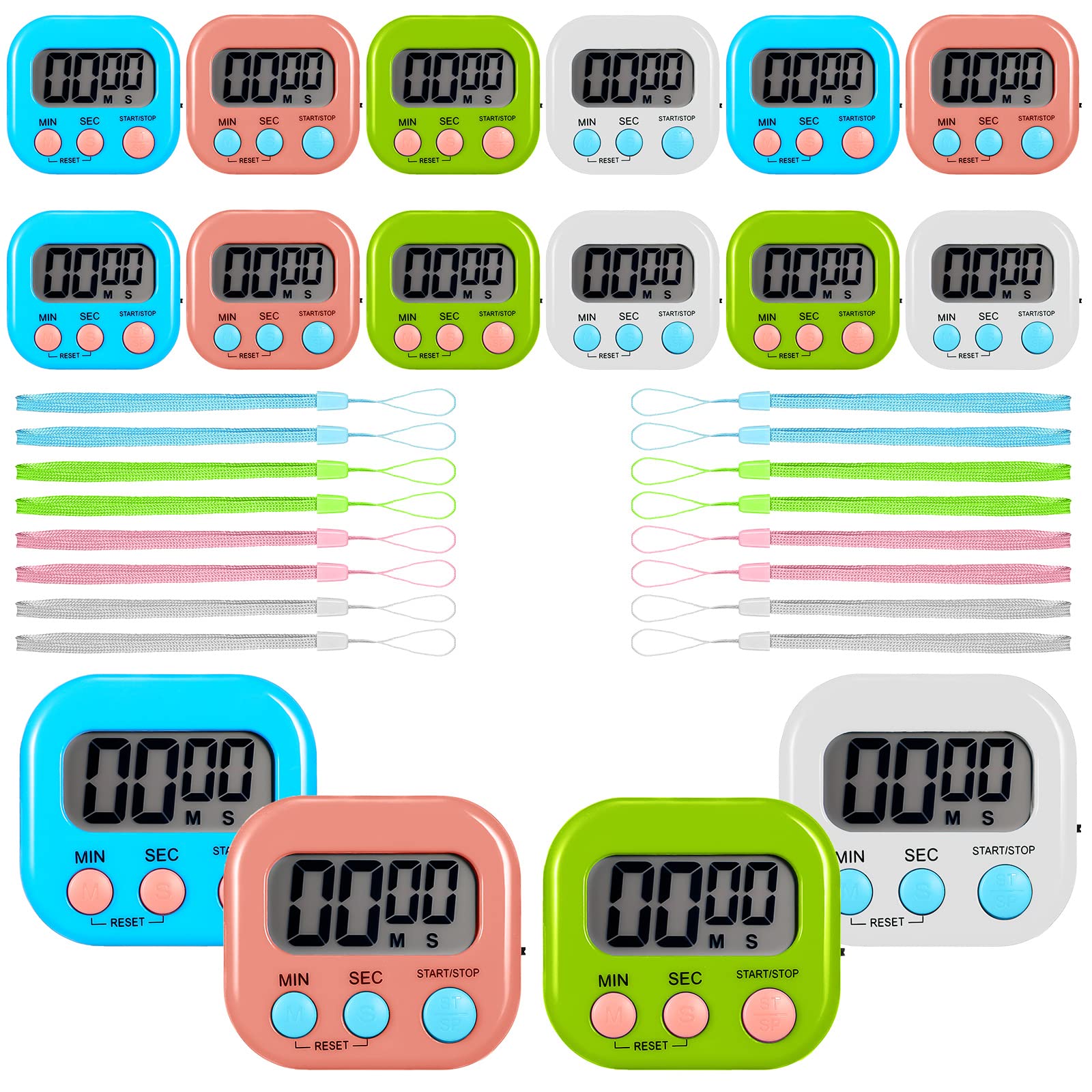 16 Pieces Small Digital Kitchen Timer Classroom Timers for Students in 100th Day of School Magnetic Back and ON Switch Minute Second Count Up Countdown with Matching Ropes, Not Including Battery