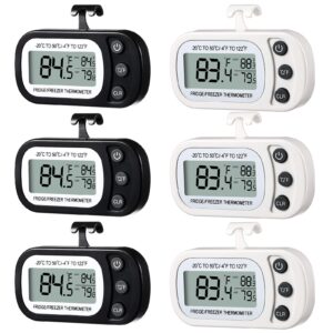 6 pieces refrigerator thermometer digital freezer room thermometer waterproof fridge thermometer freezer monitor with magnetic back, max/min record function with large lcd display, white, black