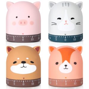 4 pcs kitchen cooking timer animal mechanical timer 60 minute wind up dial 360° rotating countdown egg reminder no batteries loud ring cartoon alarm for kids time management, fox pig cat dog(animal)