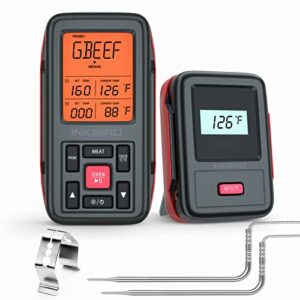 inkbird wireless meat thermometer for grilling, 500ft dual probes smoker temp thermometer with alarm, timer, backlight, wireless smart grill thermometer for smoker, bbq, oven, cooking (irf-2sa-1)