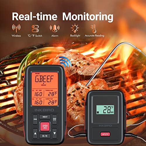 INKBIRD Wireless Meat Thermometer for Grilling, 500FT Dual Probes Smoker Temp Thermometer with Alarm, Timer, Backlight, Wireless Smart Grill Thermometer for Smoker, BBQ, Oven, Cooking (IRF-2SA-1)