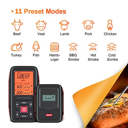 INKBIRD Wireless Meat Thermometer for Grilling, 500FT Dual Probes Smoker Temp Thermometer with Alarm, Timer, Backlight, Wireless Smart Grill Thermometer for Smoker, BBQ, Oven, Cooking (IRF-2SA-1)