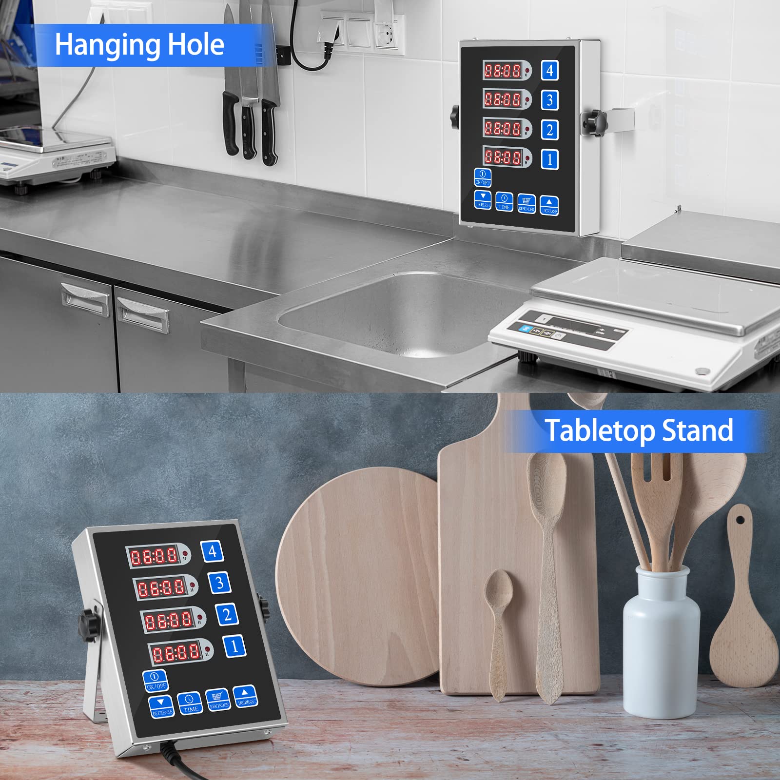 QEERBSIN 4 Channel Commercial Kitchen Cooking Countdown Timer with Clear Display Loud Alarm Reminder for Restaurant Multiple Events