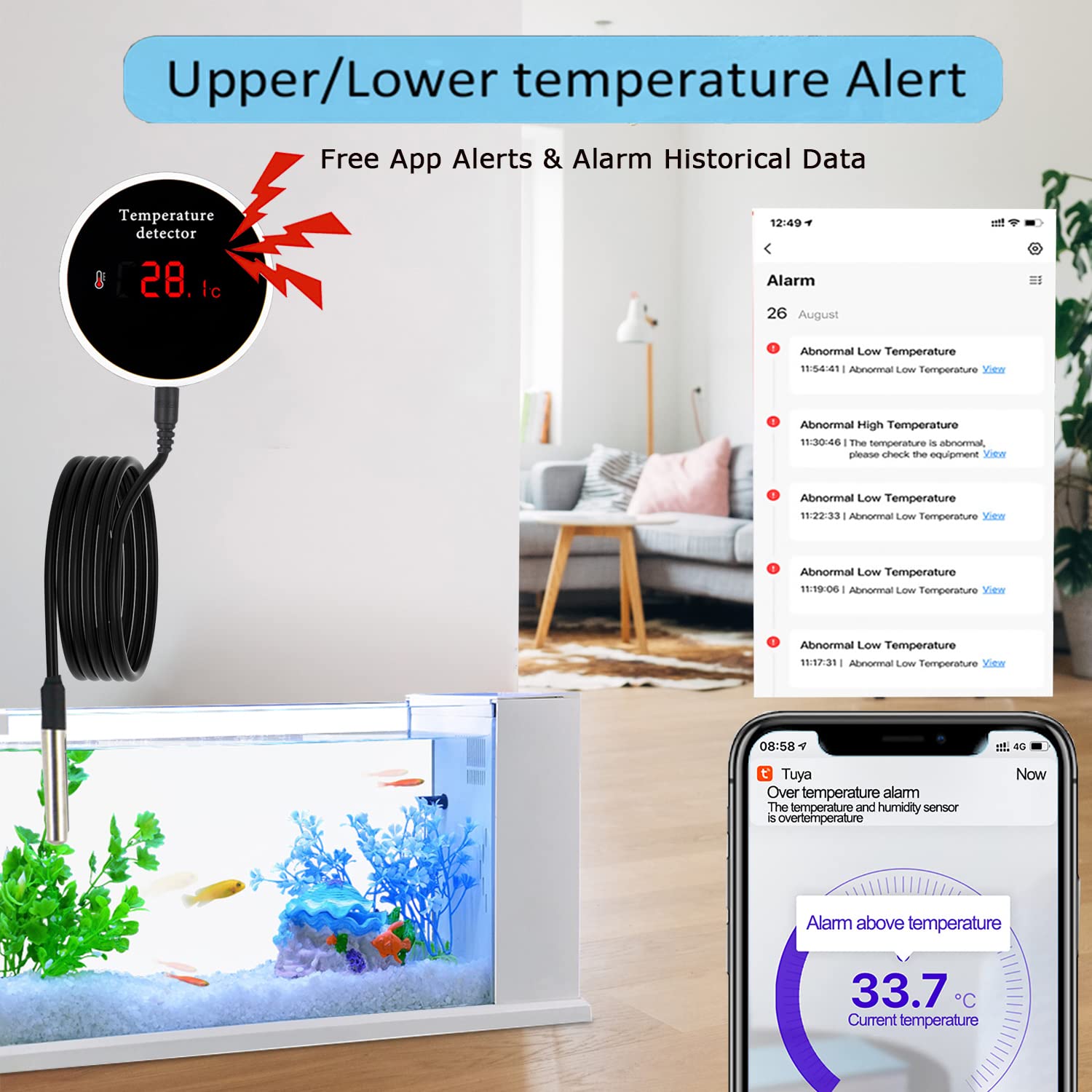 WiFi Temperature Monitor Smart Thermometer: WiFi Temperature Sensor with 1M Waterproof External Probe, App Alert & Buzzer Alarm, Digital Remote Temperature Gauge for Refrigerator, Fish Tank, Pet