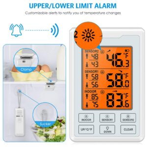 Refrigerator Thermometer, Wireless Digital Freezer Thermometer with 2 Sensors, Audible Alarm, Min and Max Record, Large LCD Display for Home, Restaurants, Bars (Battery not Included)