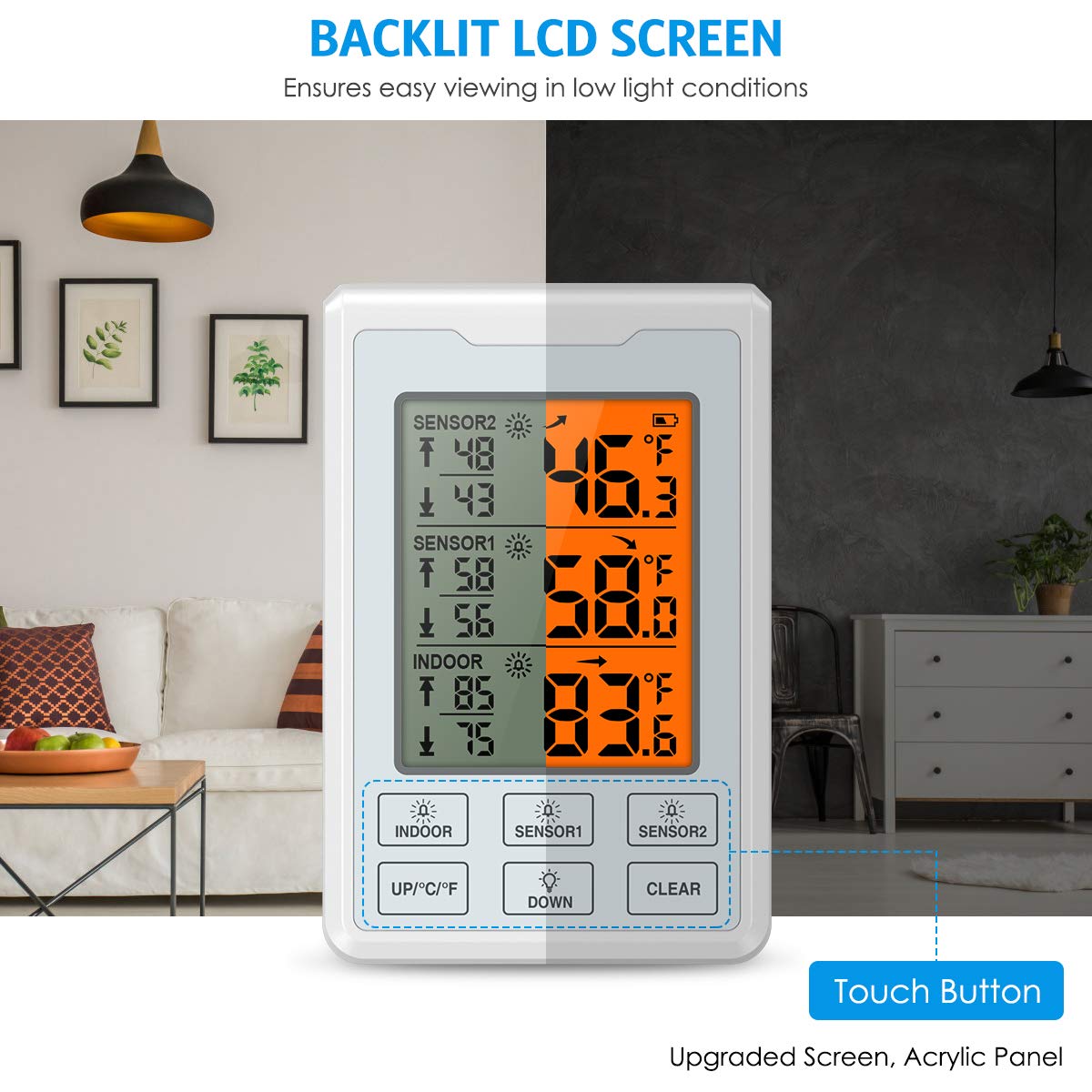 Refrigerator Thermometer, Wireless Digital Freezer Thermometer with 2 Sensors, Audible Alarm, Min and Max Record, Large LCD Display for Home, Restaurants, Bars (Battery not Included)