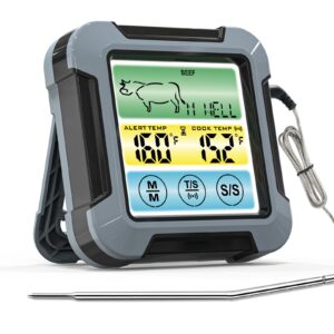 digital meat thermometer for cooking and grilling, 2022 upgraded touchscreen bbq food thermometer with backlight and kitchen timer, grill temperature probe thermometer for smoker, barbecue, oven