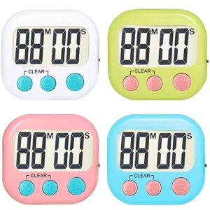 4 pack digital kitchen timer, on/off switch, large lcd display loud alarm and magnetic backing stand, classroom timers for cooking baking teachers kids games small size (4 colors)