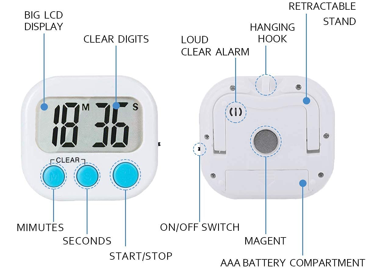 4 Pack Digital Kitchen Timer, ON/Off Switch, Large LCD Display Loud Alarm and Magnetic Backing Stand, Classroom Timers for Cooking Baking Teachers Kids Games Small Size (4 Colors)