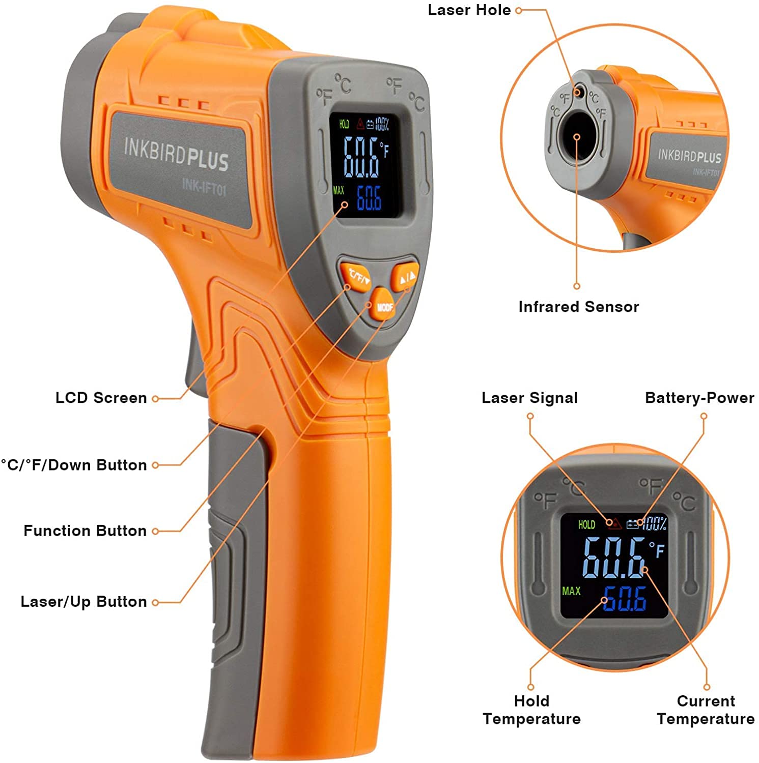 INKBIRD Infrared Thermometer Digital Laser Temperature Gun -58℉~1022℉ INK-IFT01 and Instant Read Meat Thermometer IHT-1P - Adjustable Emissivity Thermometers Gun for Cooking BBQ Oven Pizza