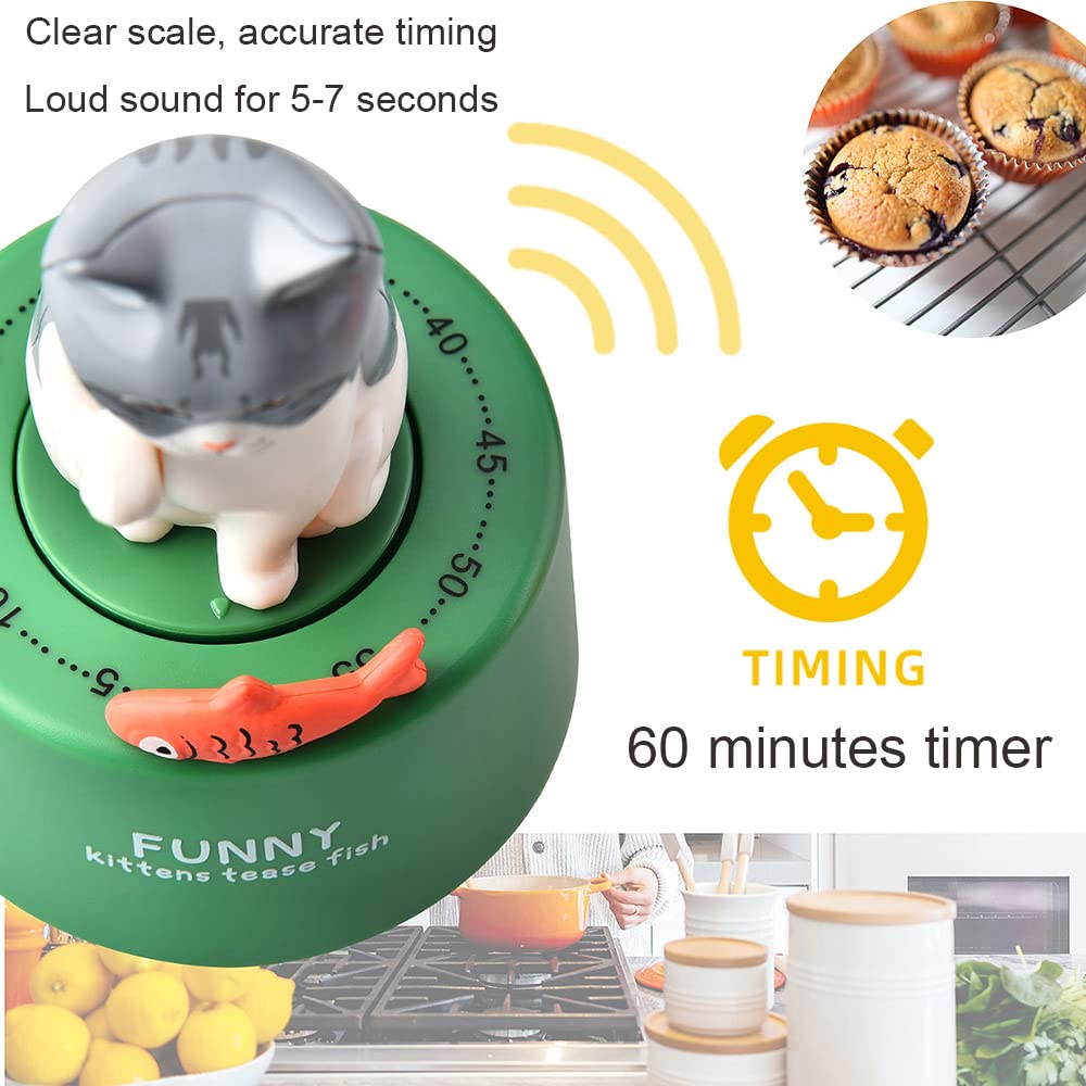 FCOVUVDBD Cartoon Mechanical Kitchen Timer, 60-Minute Wind Up Dial 360° Rotating, Cute Timer for Cooking/Reading/Do Sport (Cat)