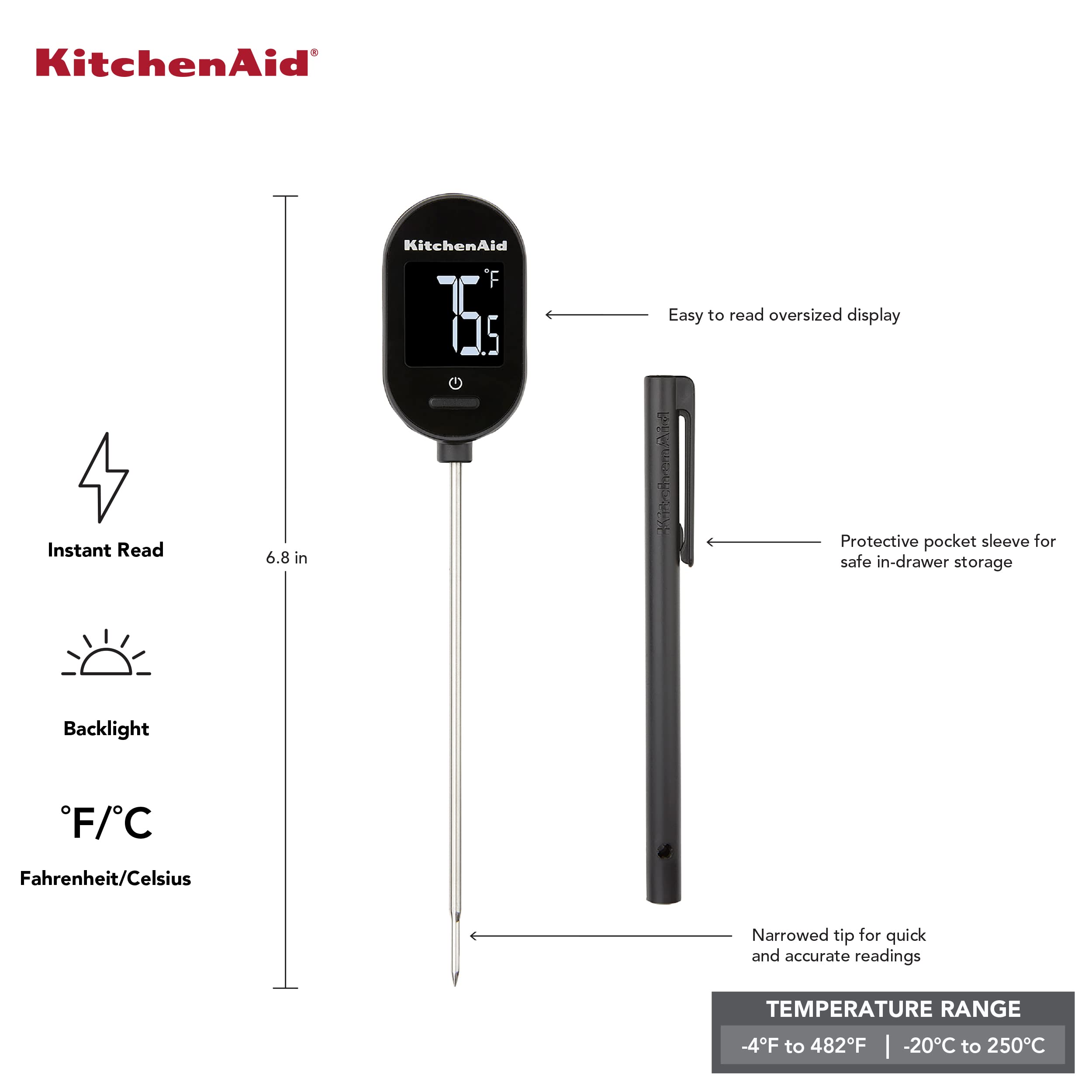 KitchenAid KQ910 Backlit Instant Read Digital Food Kitchen Grill Thermometer, Black