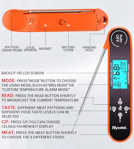 Nycetek Digital Cooking Thermometer, Accurate & Waterproof Instant Read Meat Thermometer with Backlit, Calibration, Probe, Food Thermometer for Kitchen, Grilling, Candy, BBQ, Oil Fry, Baking and More