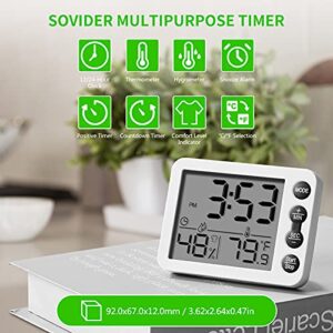 Digital Kitchen Timer for Cooking , SOVIDER Multi-Purpose Classroom Timer with Time Clock Alarm, Thermometer & Hygrometer | Digital Egg Timer with Magnetic, Large Screen Clock, Comfort Level Indicator