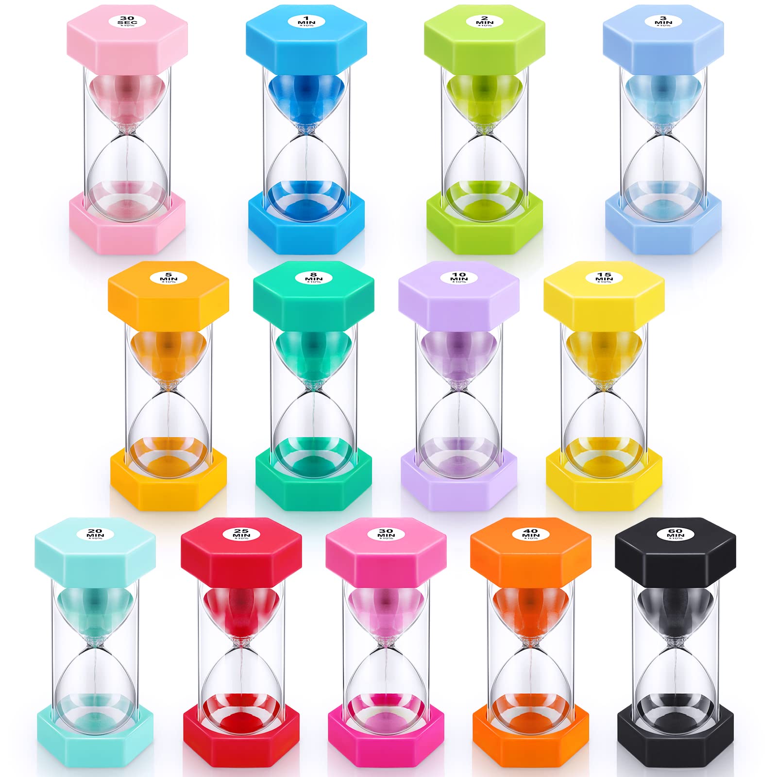 13 Pcs Sand Timer 5.12 Inch Hourglass Timer 30 Second, 1/2/3/5/8/10/15/20/25/30/40/60 Minutes Colorful Sand Watch for Kids Acrylic Covered Clock Sandglass Timer for Classroom, Home, Kitchen