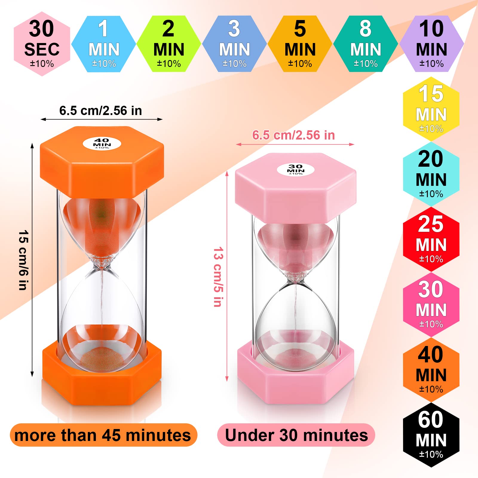 13 Pcs Sand Timer 5.12 Inch Hourglass Timer 30 Second, 1/2/3/5/8/10/15/20/25/30/40/60 Minutes Colorful Sand Watch for Kids Acrylic Covered Clock Sandglass Timer for Classroom, Home, Kitchen