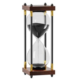 hour glasses with sand 60 minutes: large 10 inch wooden sand timer clock, reloj de arena 1 hora, antique sand watch 60 min, 1 hour hourglass sandglass for home office desk decorative (black sand)