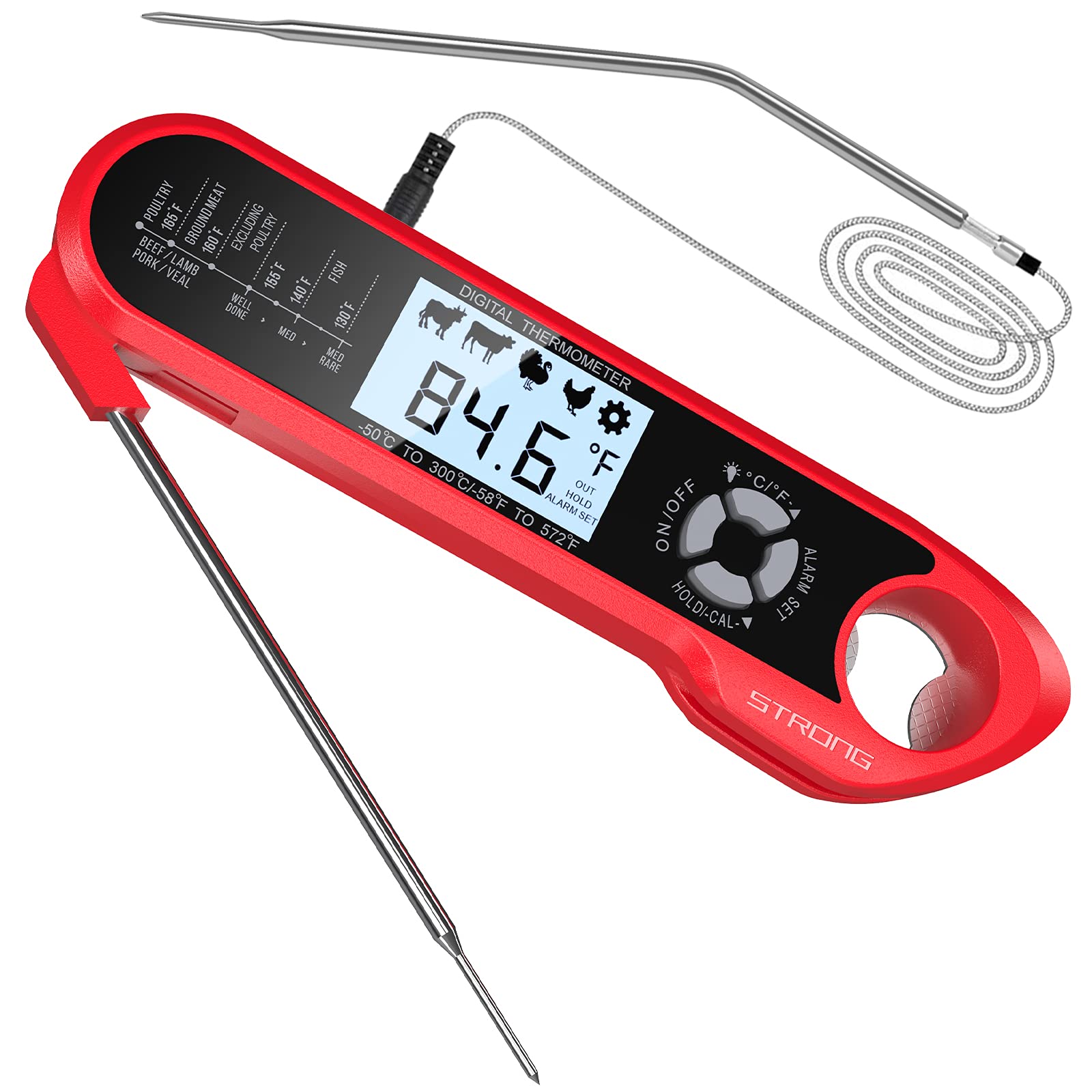 Meat Thermometer, DecorStar Dual Probe Food Thermometer with Backlight & Calibration, Digital Instant Read Meat Thermometer for Kitchen, Food Cooking, BBQ, Milk, Coffee, and Oil Deep Frying (Red)