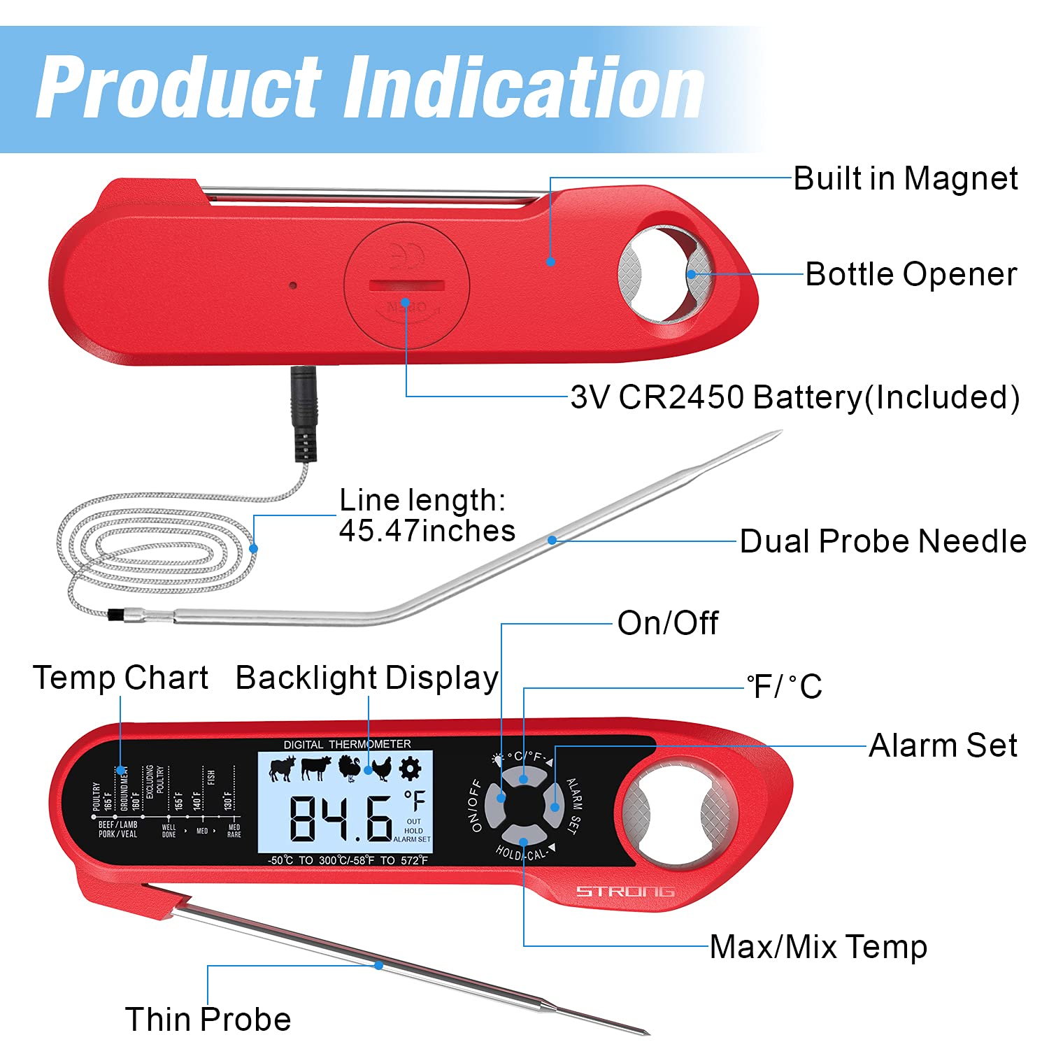 Meat Thermometer, DecorStar Dual Probe Food Thermometer with Backlight & Calibration, Digital Instant Read Meat Thermometer for Kitchen, Food Cooking, BBQ, Milk, Coffee, and Oil Deep Frying (Red)