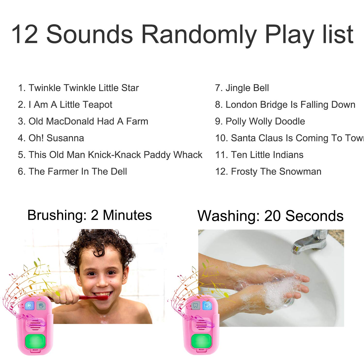 BIGMONAT Hand Washing Timer for Kids, Musical Teeth Brushing Timer for Boy and Girl, Stick on Bathroom Timer for Children Training Coach, AAA Battery Operated, 12 Songs, Sound Volume Adjustable Pink