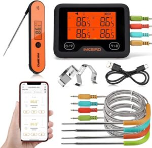inkbird wi-fi/bluetooth meat thermometer ibbq-4bw & instant read thermometer iht-1p, digital wireless wifi thermometer for smoker oven, large lcd backlight, timer high/low alarm, 4 probes rechargeable