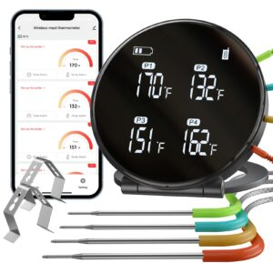 hometall wireless meat thermometer, 400ft bluetooth meat thermometer digital with 4-probes, large display instant read food thermometer for cooking, smoker, oven, bbq, grill thermometer