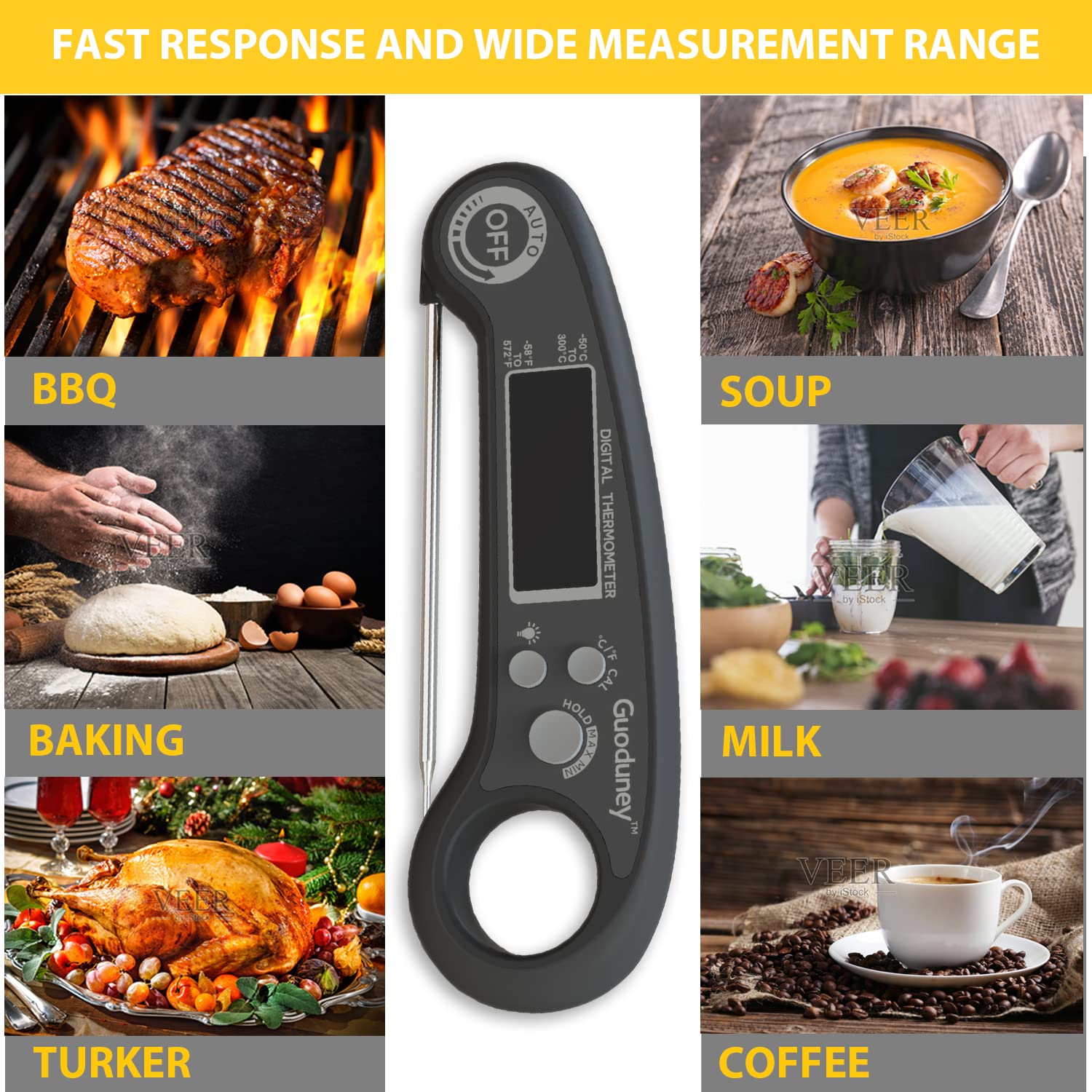 Guoduney Meat Thermometer, Instant Read Temperature, Auto Turn On Off, Backlight, Bulit-in Magnet, Foldable Probe for Kitchen Cooking BBQ Smoker Grilling Fry