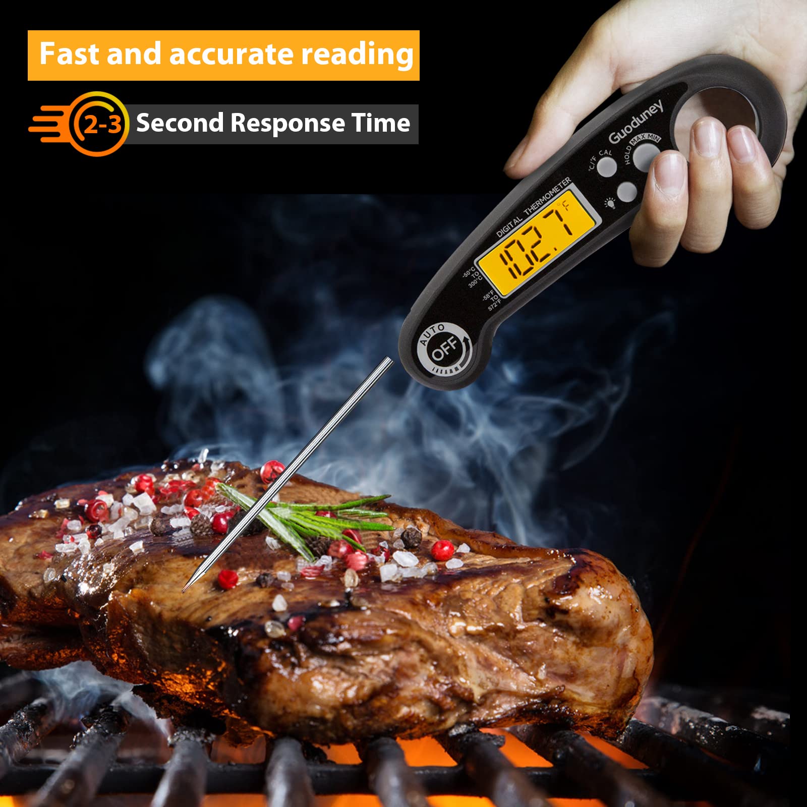 Guoduney Meat Thermometer, Instant Read Temperature, Auto Turn On Off, Backlight, Bulit-in Magnet, Foldable Probe for Kitchen Cooking BBQ Smoker Grilling Fry