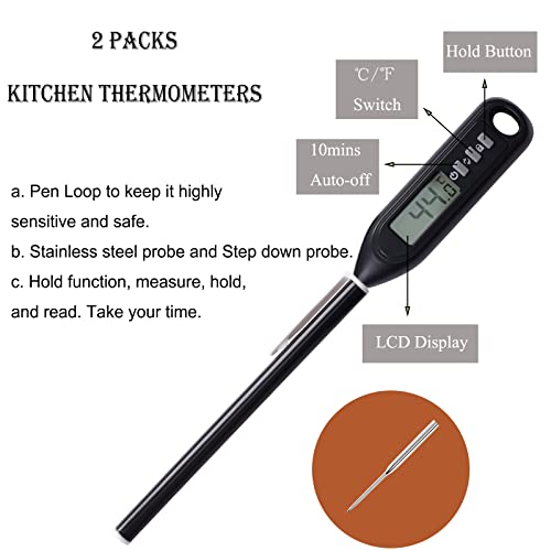 GEMGIMY 2 Pack Instant Read Meat Thermometer, Kitchen Cooking Thermometer, Candy/Deep Fry Thermometer, Kitchen Thermometer for BBQ Grill, Roast, Milk, Yogurt, Coffee, Bath Water, Baking Temperature