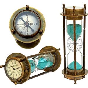 Hanzla Collection Marine Antique Brass Compass Hourglass Nautical Maritime Sand Timer & Desk Clock Vintage Hour Glass Metal Sand Watch Sand Clock Decorative Sandglass for Gift & Home Desk Office Decor